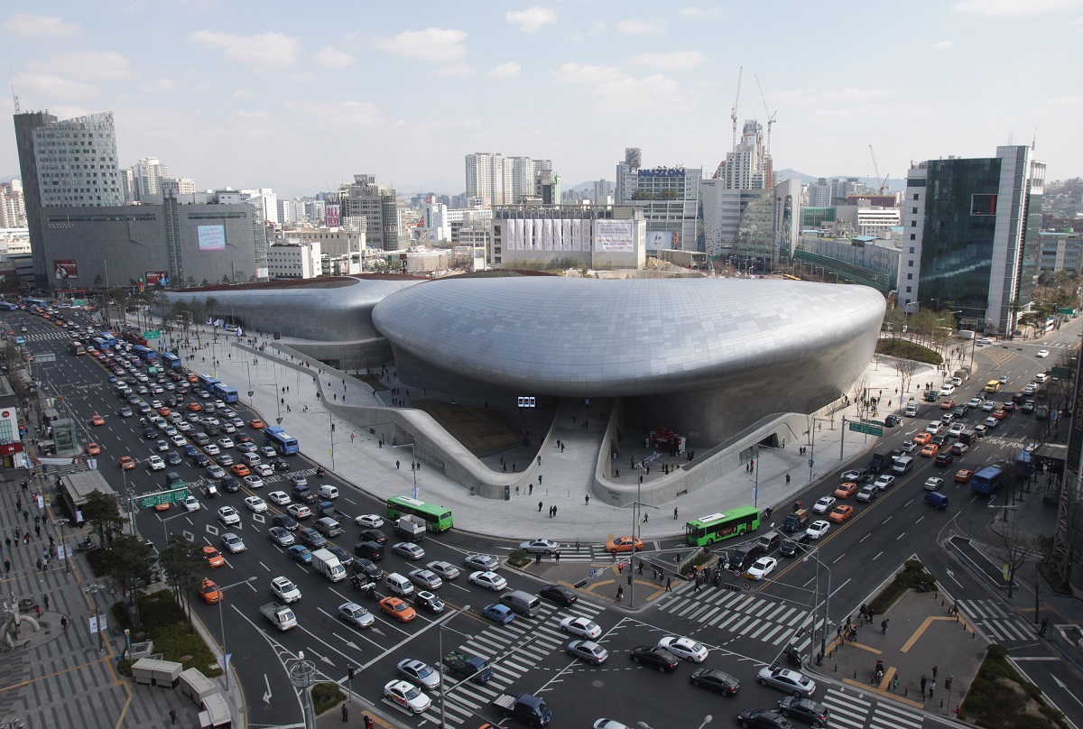 Dongdaemun Design Plaza is seen in downtown Seoul, South Korea, Friday, March 21, 2014. The $450 million building funded by Seoul citizen's tax money finally opened to public on Friday after years of debates about transforming a historic area with an ultra-modern architecture. (AP Photo/Ahn Young-joon)